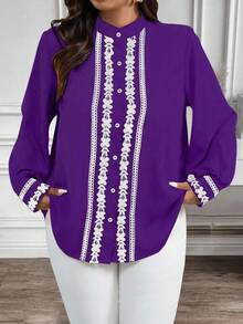 EMERY ROSE Plus Size Contrast Color Trim Collar & Cuff Casual/Work Wear Long Sleeve Shirt - Purple - View 7