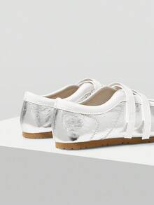 Minimalana Color Block Round Toe Flat Ballet Flats For Women, Hook And Loop Casual Shoes - Silver - View 3
