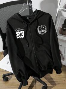 Attitoon 休闲时尚复古街头风运动款23号数码印花组合图案宽松卫衣，适合秋冬季节穿着，复古、性感、可爱、Y2K、嬉皮、音乐节风格，女士拉链卫衣 - 黑色 - 查看 2