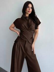 Firerie Women's Elegant Commuter Wrap Chest Tie Waist Top And Wide Leg Pants Set - Coffee Brown - View 5