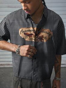 AXEPEAK 休闲街头时尚复古格子印花男士短袖衬衫 - 黑色 - 查看 3