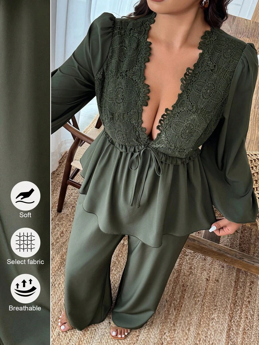 EMERY ROSE Plus Size Women's Contrast Lace Tie Waist Lantern Sleeve Shirt And Wide Leg Pants Casual 2 Pieces Set Fall Cloth For Women - Green - View 1