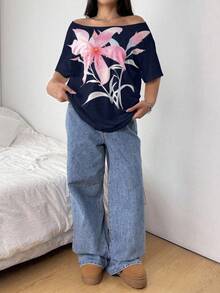 POPSWAY Áo thun tay ngắn in họa tiết hình học rộng rãi, gợi cảm, thoải mái, cỡ lớn dành cho nữ - Nhiều màu - Xem 4