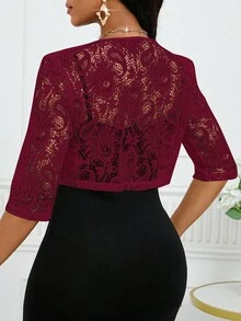SHEIN Lady 2025新款女士酒红色蕾丝短袖开襟露脐优雅轻薄外套，适合万圣节、新年和圣诞节等场合穿着。 - 酒紅色 - 查看 2