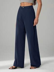 SHEIN Tall 夏季休闲黑色西装直筒阔腿裤，女士复古富家风，办公室仙气风藏蓝色阔腿裤，女士长裤，藏蓝色阔腿裤，女士长裤，夏季亚麻裤 - 藏蓝色 - 查看 7