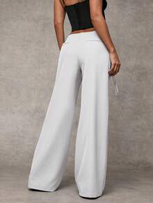 SHEIN BAE Quần ống rộng ống rộng màu xám trơn, thường ngày, đi làm, giải trí, thường ngày, quần ống rộng có dây rút trang trí eo - trắng - Xem 2
