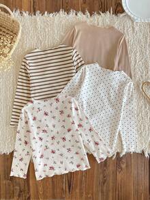 4件套女童波点、花卉、罗纹印花杏色底衫搭配卡其色纯色罗纹针织领口荷叶边下摆长袖内衣套装，可爱时尚，秋冬季可内搭或外穿。