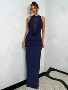 SHEIN BAE 黑色蕾丝低胸紧身连衣裙，黑色蕾丝连衣裙 - 藏蓝色 - 查看 2