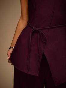 SHEIN BAE Bộ áo liền quần liền thân màu trơn gợi cảm thời trang dành cho nữ - Màu đỏ tím - Xem 8
