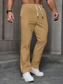 Manfinity LEGND Men's Plain Drawstring With Pocket Casual Pants, Men Drawstring Pants, Men Wide Leg Side Stripe Gym Pants, Men Straight Leg Sweatpants, Men Pants Summer, For Fall - Khaki - View 5