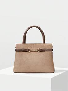 MOTF PREMIUM 通勤时尚纯色鳄鱼压纹金属扣装饰手提包，女士优雅包 - 淺灰色 - 查看 2