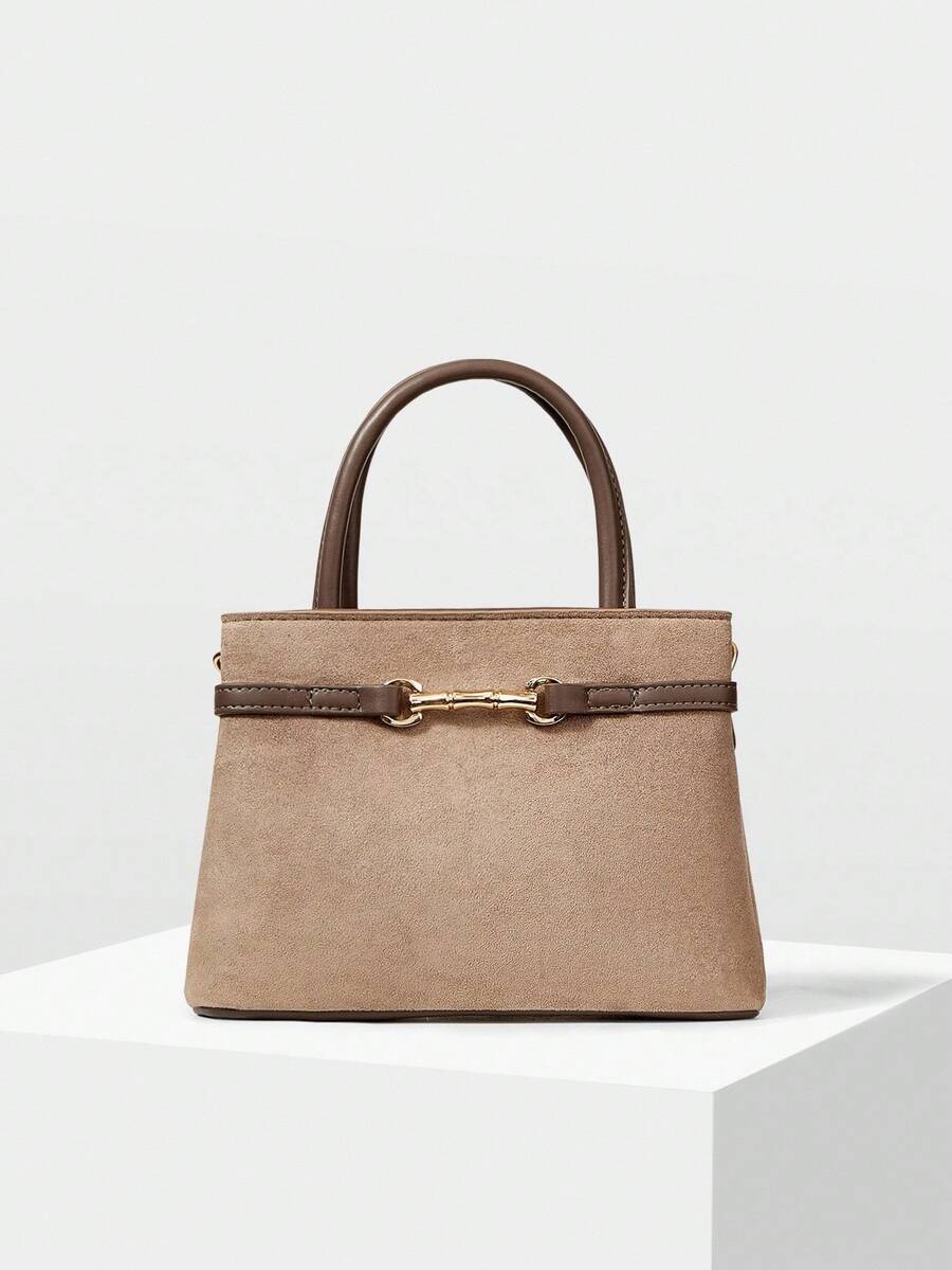 MOTF PREMIUM 通勤时尚纯色鳄鱼压纹金属扣装饰手提包，女士优雅包 - 淺灰色 - 查看 2