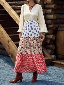 SHEIN LUNE Gaun Panjang Wanita Lengan Lentera Motif Patchwork - MultiWarna - View 3
