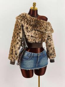 Amplova 秋冬女士时尚不对称领仿皮草豹纹夹克 - 彩色 - 查看 6