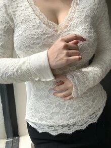 DAZY Sexy V-Neck Hollow Out Long Sleeve Lace Blouse, Slim Fit Undershirt For Women, Autumn/Winter - Apricot - View 4