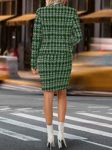 SHEIN Clasi Women's Elegant Plaid Pattern Jacket And Pencil Skirt Suit, Suitable For Office And Commute - Dark Green - View 2
