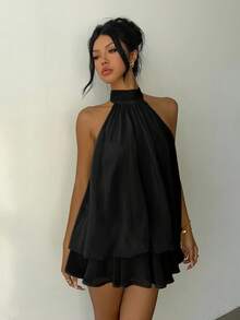 Aloruh 女士优雅浅黄色挂脖系带迷你连衣裙