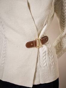 COSMINA 女式秋季扭纹长袖腰部纽扣设计休闲针织开衫 - 白色 - 查看 6