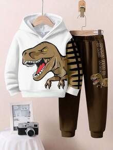 SHEIN 2 件套男童宽松休闲卡通动物、恐龙、风景、3D、涂鸦超大图案连帽卫衣套装，舒适秋冬