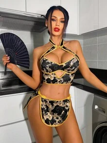 Fantasy Costume 2件套性感露背印花女士内衣套装 - 彩色 - 查看 6
