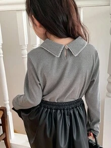 Dazy Kids Young Girl Contrast Scallop Edge Tie Collar Long Sleeve Tee, Casual Daily Commute School Style, Autumn/Spring - Grey - View 5