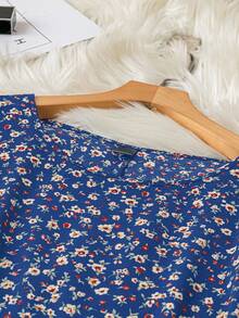 Rusticease 加大码花卉印花短款圆领长袖连衣裙冬季服装 - 寶藍色 - 查看 7