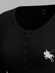 SHEIN EZwear 2件裝女款小馬印花針織長袖T恤，適合秋冬穿著 - 彩色 - 查看 4