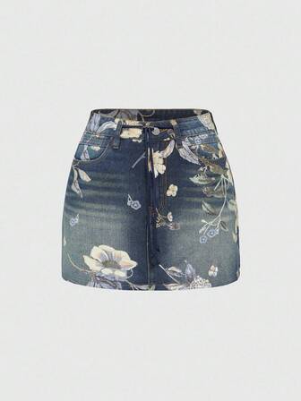 Fairycore Minifalda de mezclilla de cintura baja con estampado floral vintage para mujeres