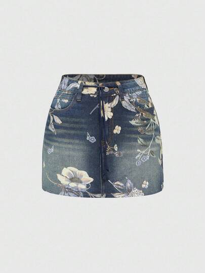 Fairycore Gonna di jeans mini a vita bassa con stampa floreale vintage per donna