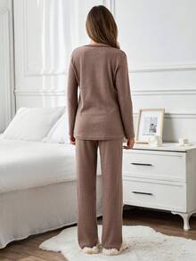EURMUSE Conjunto de pantalón y camisa de manga larga con letras de punto acanalado para mujer, ropa de estar en casa y de descanso - Marrón - Ver 2