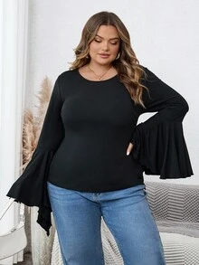 SHEIN CURVE+ Plus-Size Women's Black Long-Sleeved Flared-Sleeve Fitted Top, Dark Style/Fall/Winter - Black - View 5
