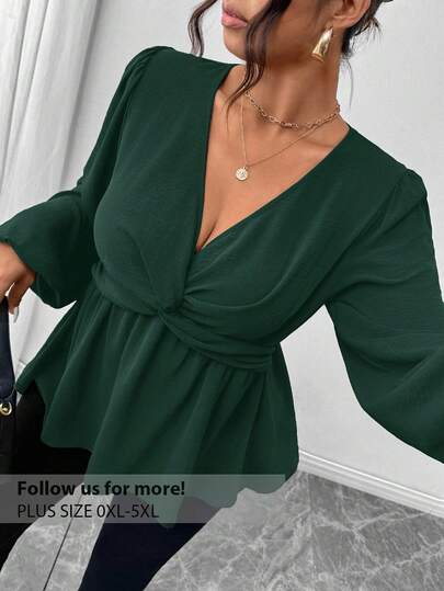 Firerie Plus Size Casual Twist Hem Long Sleeve Shirt, Green V Neck Top Dark Green Top Long Sleeve Elegant Top Emerald Green Top Green Blouse/Fall/Winter