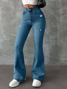 EURMUSE 98%Cotton Zipper Fly Distressed Bell Bottom Jeans - Blue - View 5