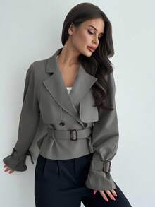 Firerie 女式新款卡其色腰带风衣，带口袋，秋冬女装 - 灰色 - 查看 5