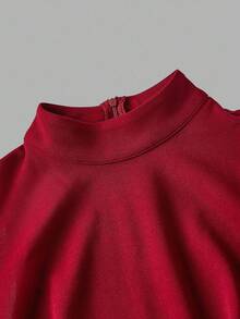 SHEIN MOD 女士优雅无袖连衣裙，荷叶边下摆，系带领 - 酒紅色 - 查看 3