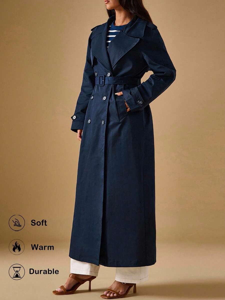 Briarwyn 女士时尚休闲纯色双排扣长款风衣 - 藏蓝色 - 查看 1