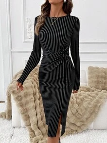 SHEIN Clasi Women's Elegant High Stretch Knit Long Sleeve Dress, Versatile For Commuting And Office Wear, Autumn  Black Dress  Fall Clothes For Women  Elegant Midi Dress Vertical Stripe Dress Long Sleeve Elegant Dress Long Bodycon Dress Slim Dress  Business Casual Outfits Women   Business Casual Woman Curve