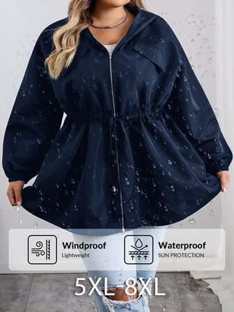 SHEIN CURVE+ Curves Plus Size/Chool Clothes/Back To School Clothes /Back To SchoolPlus Size Women's Autumn Zip-Up Drawstring Waist Hooded Black Jacket Plus Size Jacket Plus Size Plus Size Shirts 8xl Women Clothes Plus Size Black Jacket,Fall Clothes For Womenfall Clothes For Women,Winter,CURVE PLUS Winter