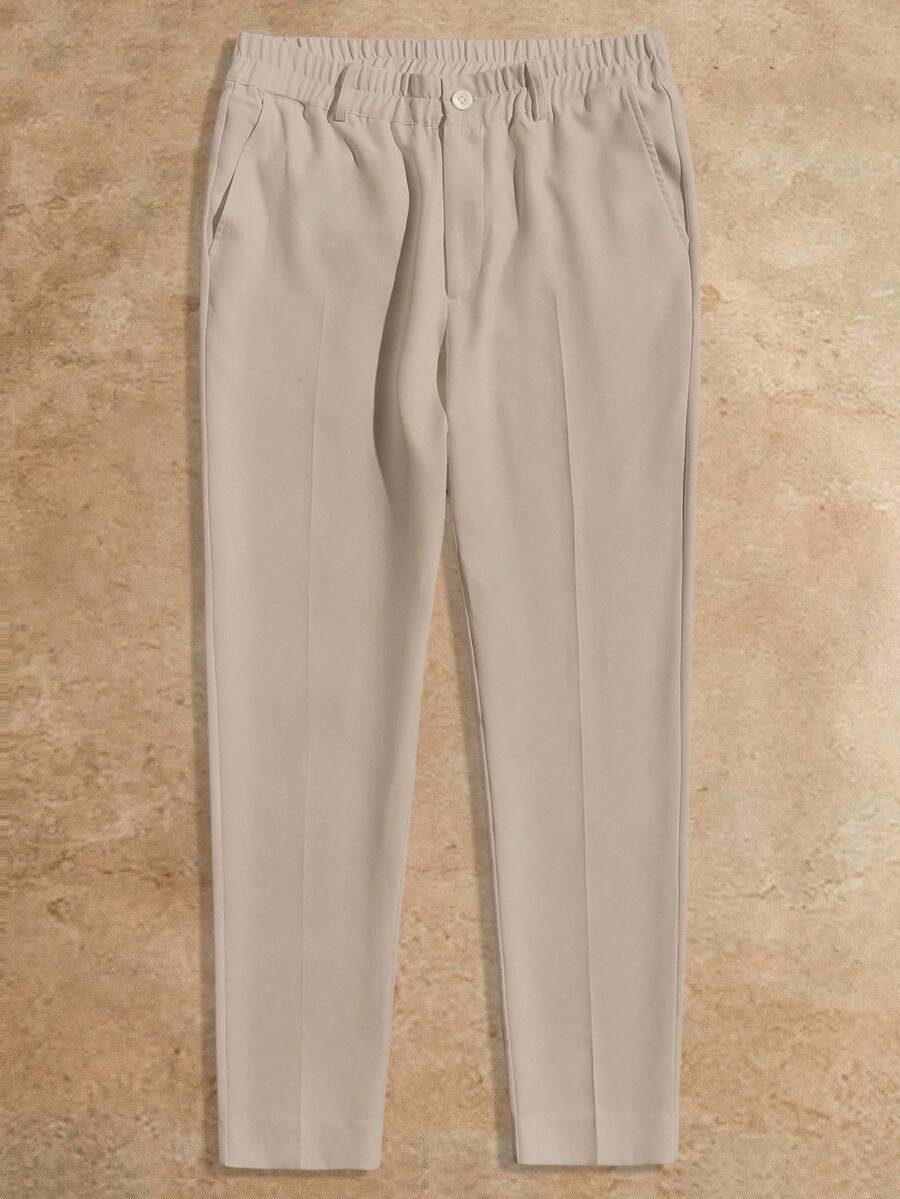 HIMLAND 男士纯色松紧腰口袋休闲锥形西装裤，Old Money - 卡其色 - 查看 1