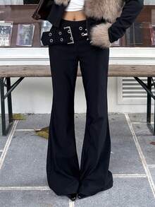 Muchica Women's New Low-Waist Elastic Flare Pants With Eyelets, Y2K Outfits,Streetwear