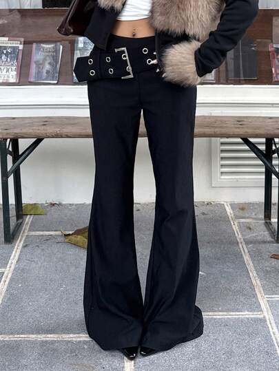 Muchica Women's New Low-Waist Elastic Flare Pants With Eyelets, Y2K Outfits,Streetwear