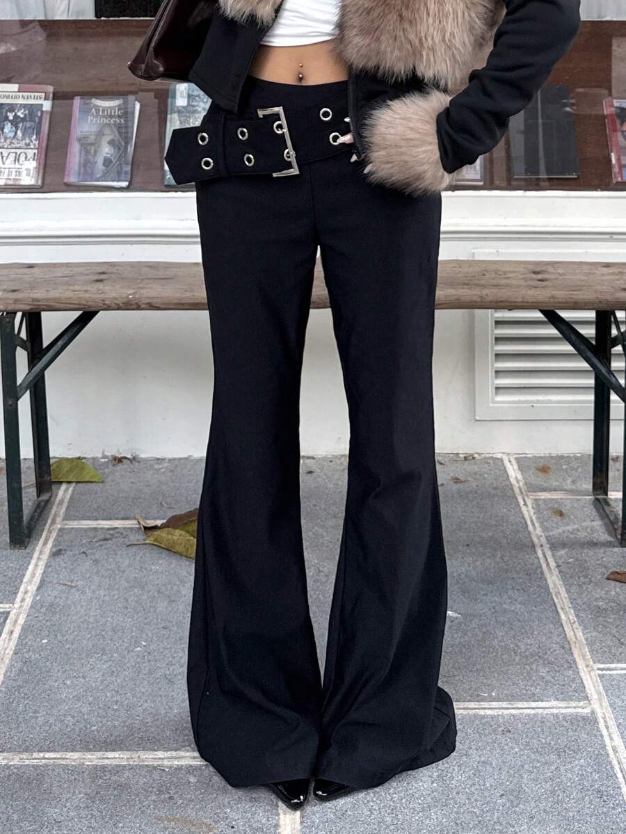 Muchica Women's New Low-Waist Elastic Flare Pants With Eyelets, Y2K Outfits,Streetwear