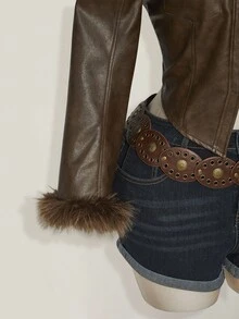 SHEIN ICON Plus Size Brown PU Leather Collar Patchwork Short Jacket In Fall/Winter