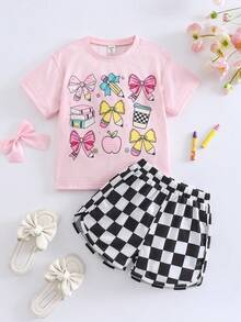 SHEIN 2Pcs/Set Young Girl Back To School Pencil And Bow Print Short Sleeve T-Shirt And Checkboard Pattern Shorts Set, Suitable For Summer Daily Wear - Baby Pink - View 3