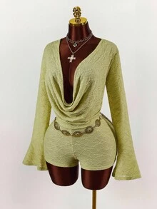 Amplova Bộ jumpsuit nữ cổ thấp dáng suông tay loe, chất liệu vintage, có họa tiết. - màu xanh lá - Xem 4