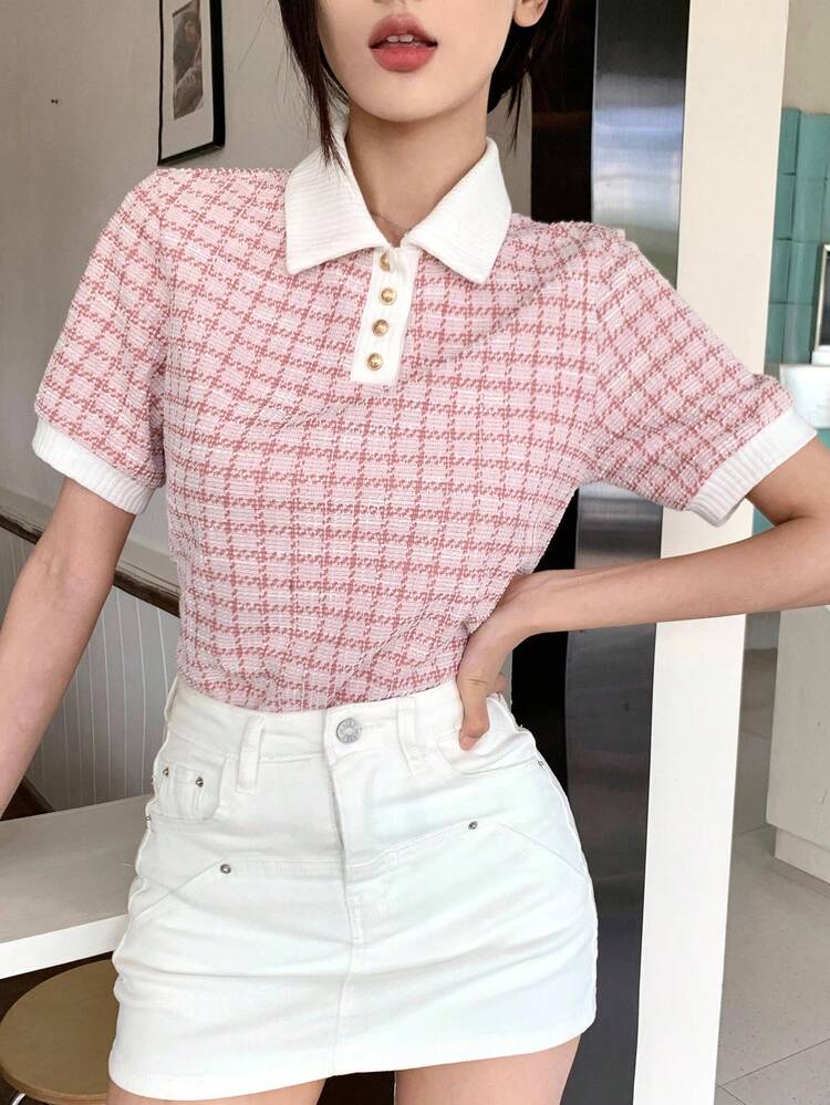 Colorblock Polo Collar Short Sleeve T-Shirt With Decorative Trim Plaid