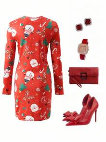 SHEIN Vestido de Navidad para mujer, elegante y cómodo, con estampado digital navideño divertido, a juego con atuendos familiares - Multicolor - Ver 2