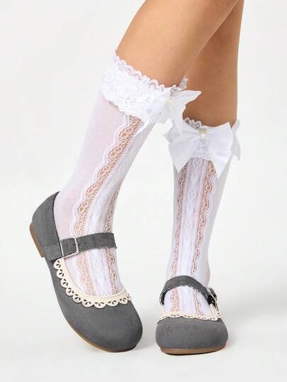 Kawaii Women's Brown Loafers, Closed Toe Mary Jane Shoes, Bow Lace Lolita Ballet Flats