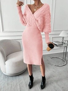 EMERY ROSE 蝙蝠袖开衩裹身毛衣裙针织套装针织两件套毛衣裙套装毛衣两件套冬季两件套 - 淺粉色 - 查看 5