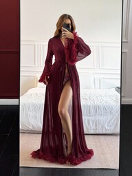 Aloruh This Lady's Autumn Anconita Red Dress Is Perfect For Halloween Costumes - A Sexy See-Through Mesh Lace Nightgown With Lace Trim. The Long Red Design Is Suitable For Both Vacation Wear And The Elegant Dressing Of Home-Based Women. It Can Also Be Used As A Nightgown Outerwear.